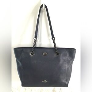 Coach Turlock Chain Shoulder Tote- Pebbled Leather Navy Blue